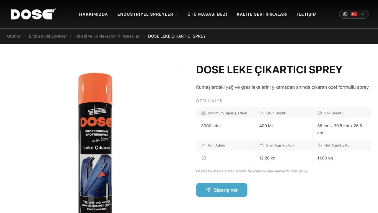 DOSE stain remover product page with specifications